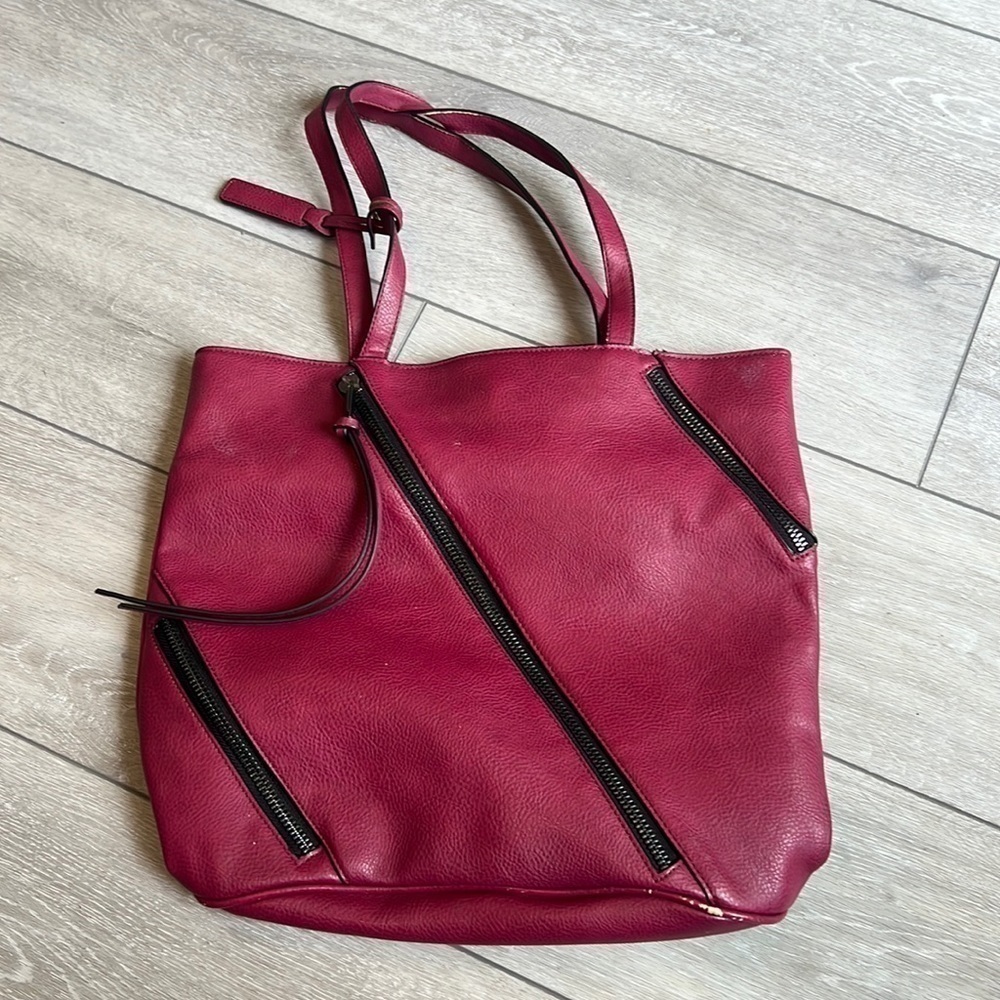 Joes maroon vegan leather zippered lined tote bag